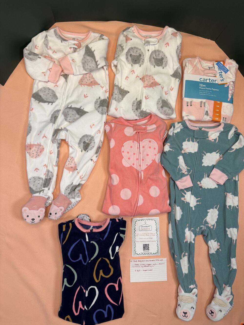 Carter’s Baby Girl 12M Fleece Footie Pajama Lot – 6 Sleepers, 1 NWT #762